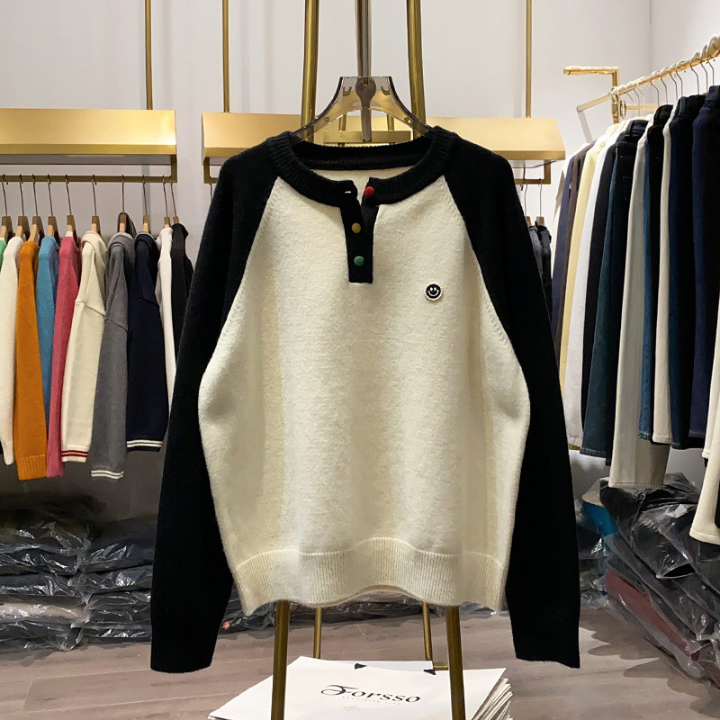 レディース ニットプルオーバー クルーネック ハーフボタン 配色 長袖 トップス