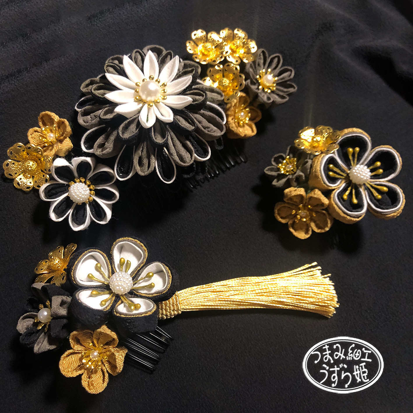 3点セット モノトーンと金 半クス菊と重ね梅のコーム かんざし つまみ細工 和装 成人式 前撮 卒業式 ヘアアクセサリー