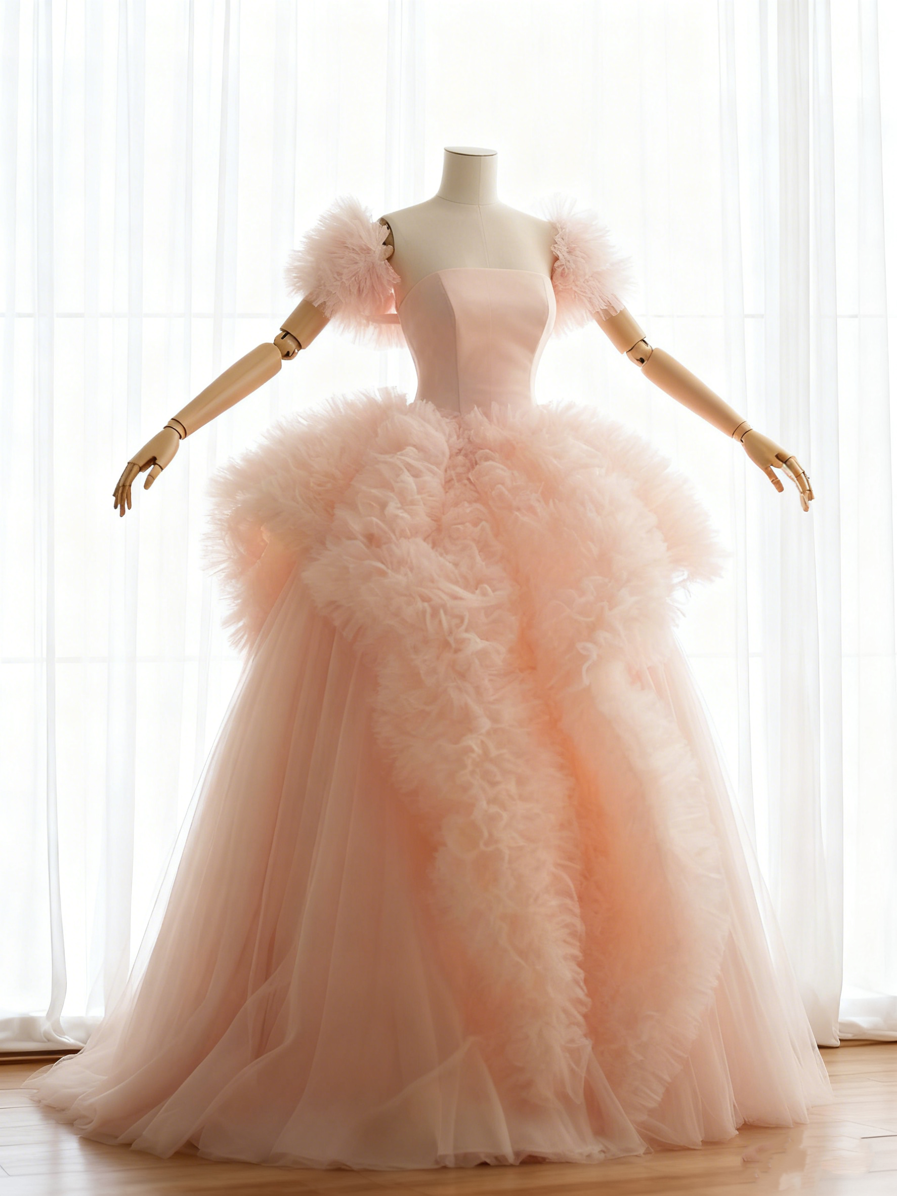 送料無料！カラードレス パフスリーブ もこもこドレス  コーラルオレンジ プリンセスライン 結婚式