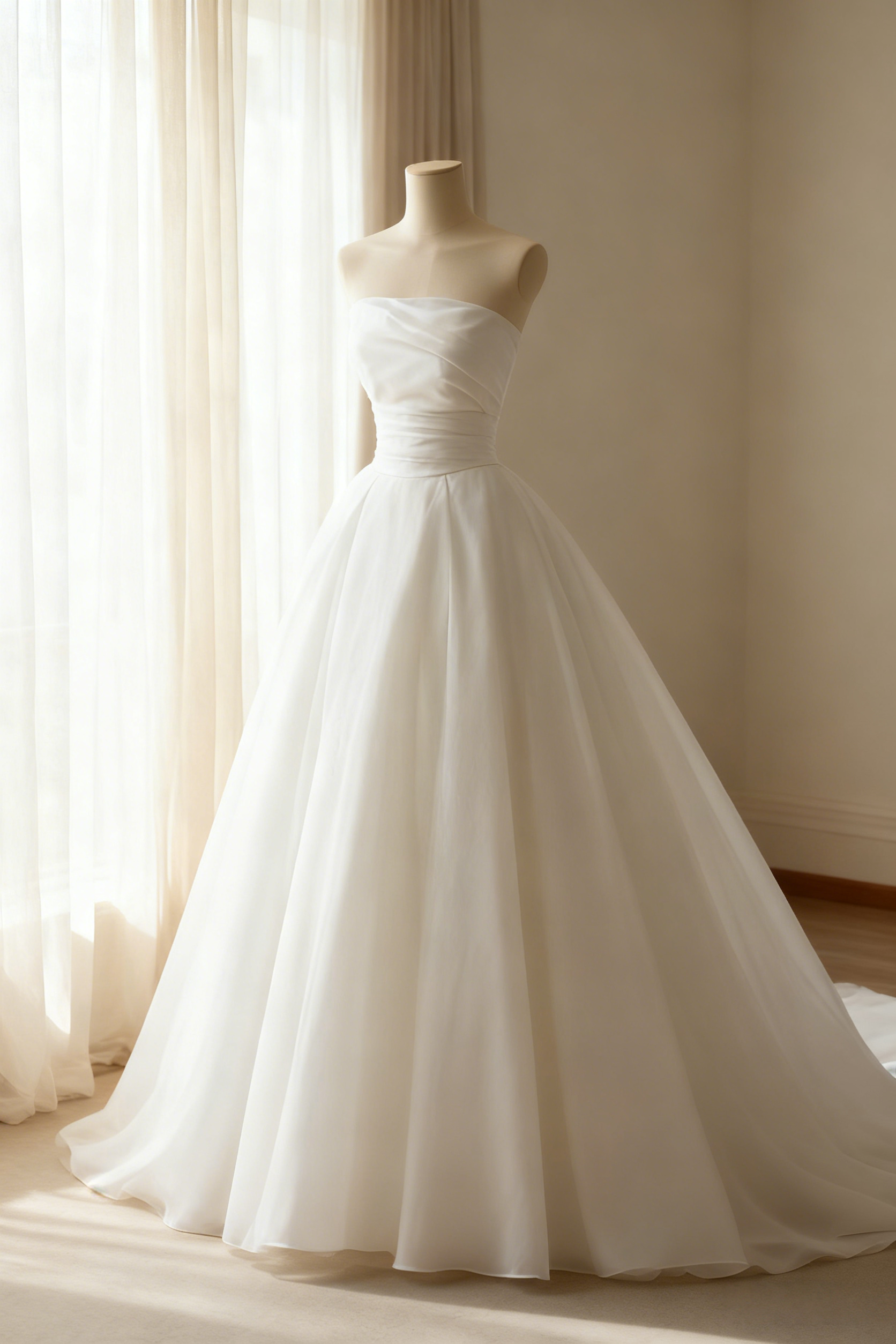 ウエディングドレス ベアトップ チュールスカート ハンドドレープ ふわふわドレス 優雅なシルエット 拳式