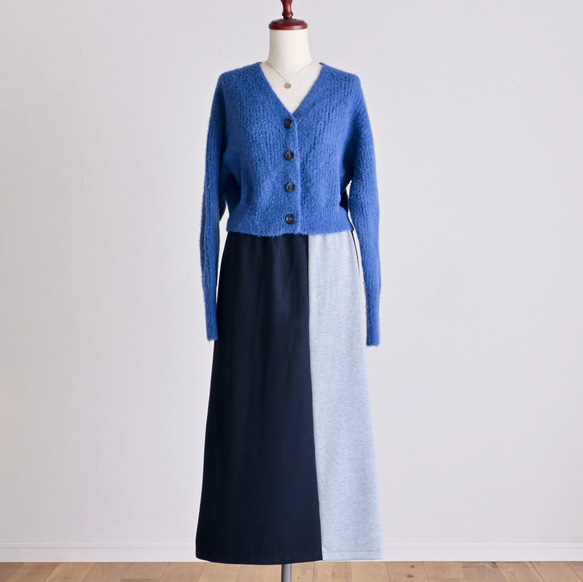 新作♦︎アシンメトリーバイカラーストレッチスカート ウール混＊ブラック× グレー＊着丈調整(M~3L) 3枚目の画像