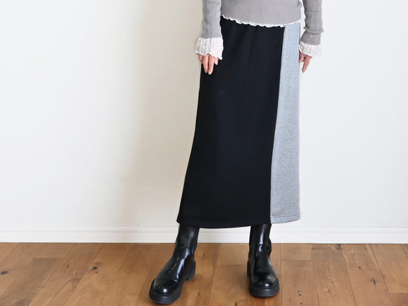 新作♦︎アシンメトリーバイカラーストレッチスカート ウール混＊ブラック× グレー＊着丈調整(M~3L) 1枚目の画像