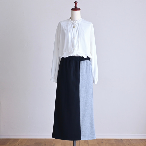 新作♦︎アシンメトリーバイカラーストレッチスカート ウール混＊ブラック× グレー＊着丈調整(M~3L) 2枚目の画像