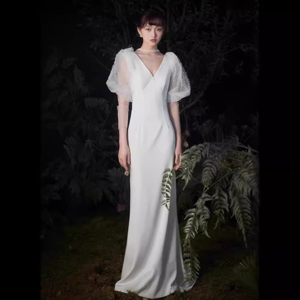 高級感 白 黒 パフスリーブ Vネック パーティードレス 裾引き シンプル 韓国風 花嫁 誕生日 前撮り HL639