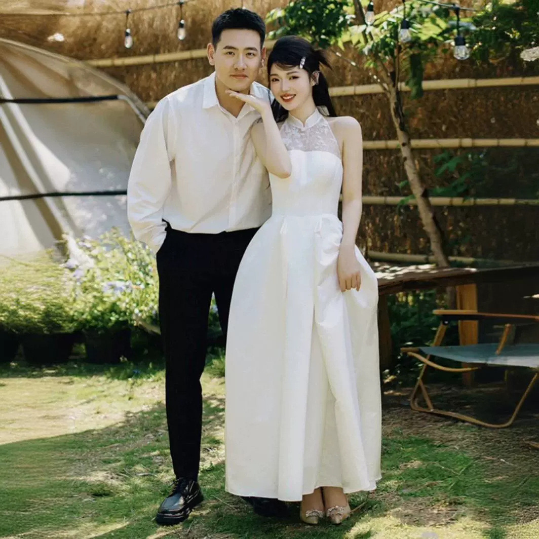 高級感 白 黒ノースリーブ ウェディングドレス シンプル プリンセス 優雅 韓国風 花嫁 誕生日 前撮り HL640