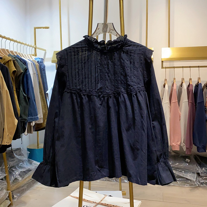 レディース スタンドカラー シャツ メロウフリル 切替 長袖 トップス