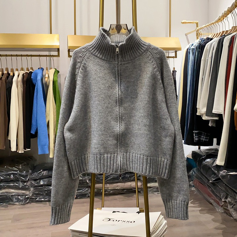 レディース ダブルジップ ニットカーディガン 無地 厚手 アウター トップス