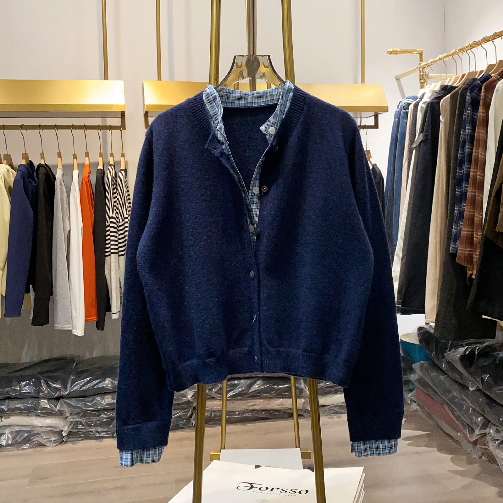 レディース レイヤード風 ニットカーディガン チェック柄切替 配色 アウター トップス