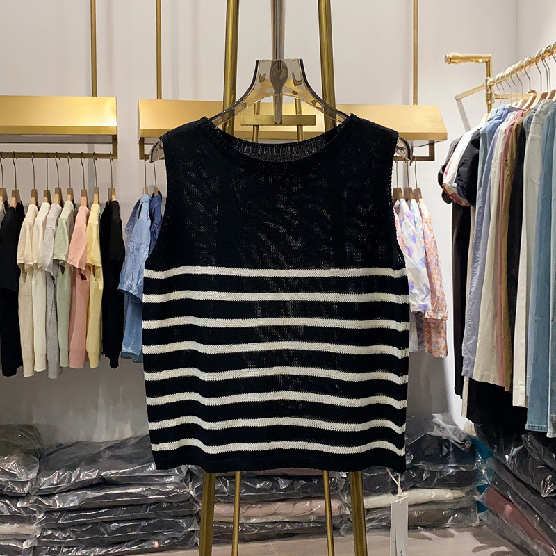 レディース ニットベスト ボーダー ノースリーブ レイヤード トップス