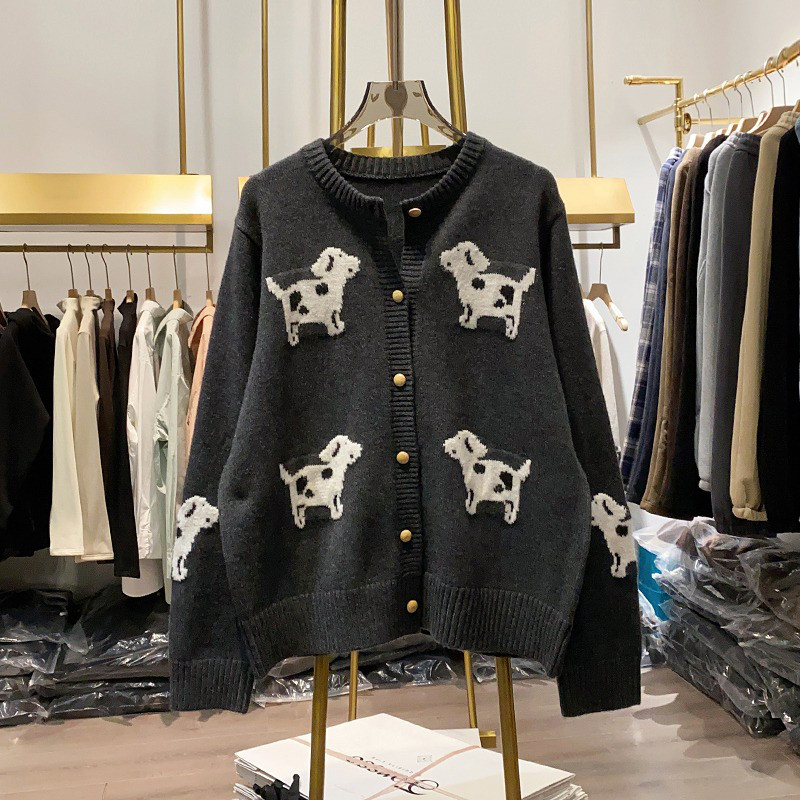 レディース ニットカーディガン クルーネック 犬 刺繍 アウター トップス