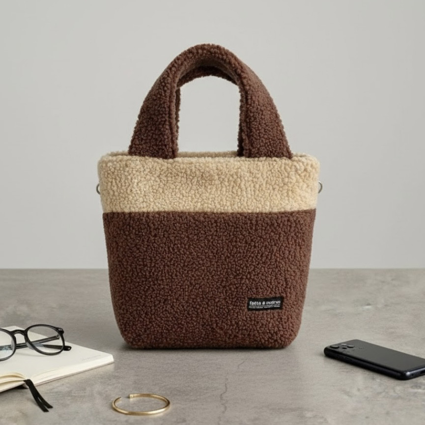 ボアトートバッグ【ふわもこ×軽量】／2トーン／ミニトート／秋冬おでかけバッグ／大人かわいい／ブラウン