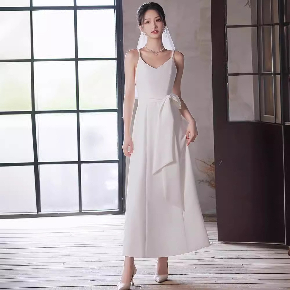 高級感 白 黒 サテン リボン ウェディングドレス シンプル 韓国風 花嫁 誕生日 成人式 前撮り HL656