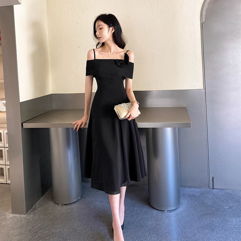 高級感 黒 オフショルダー パーティードレス 優雅 韓国風 誕生日 成人式 演奏会 二次会 前撮り HL657