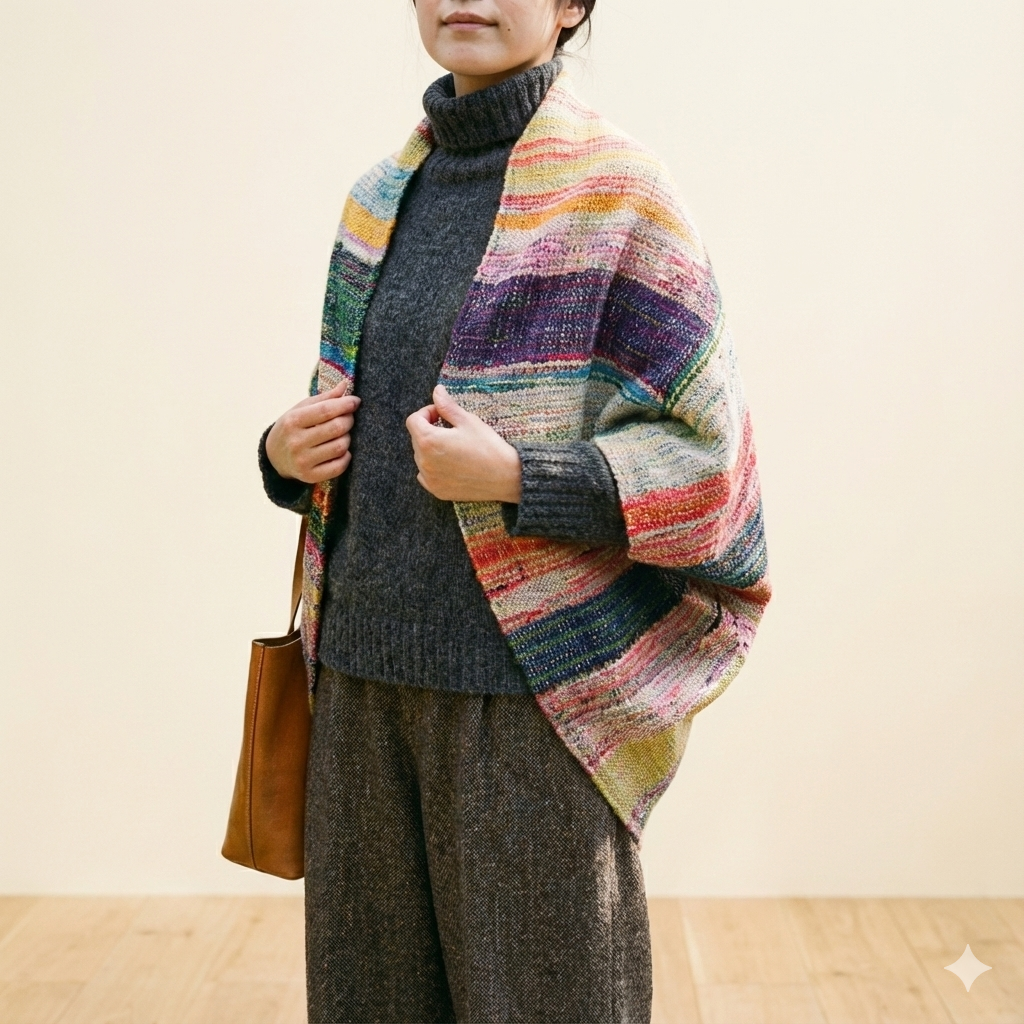 【一点物】着物地のリメイク  裂き織りのロング羽織り 19,440円