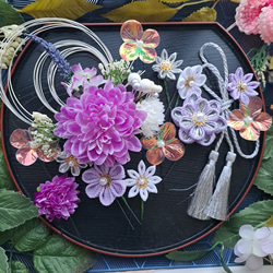 つまみ細工髪飾り 摘まみ細工藤の花 紫 白 銀 紐 着物 ⭐～楓樺