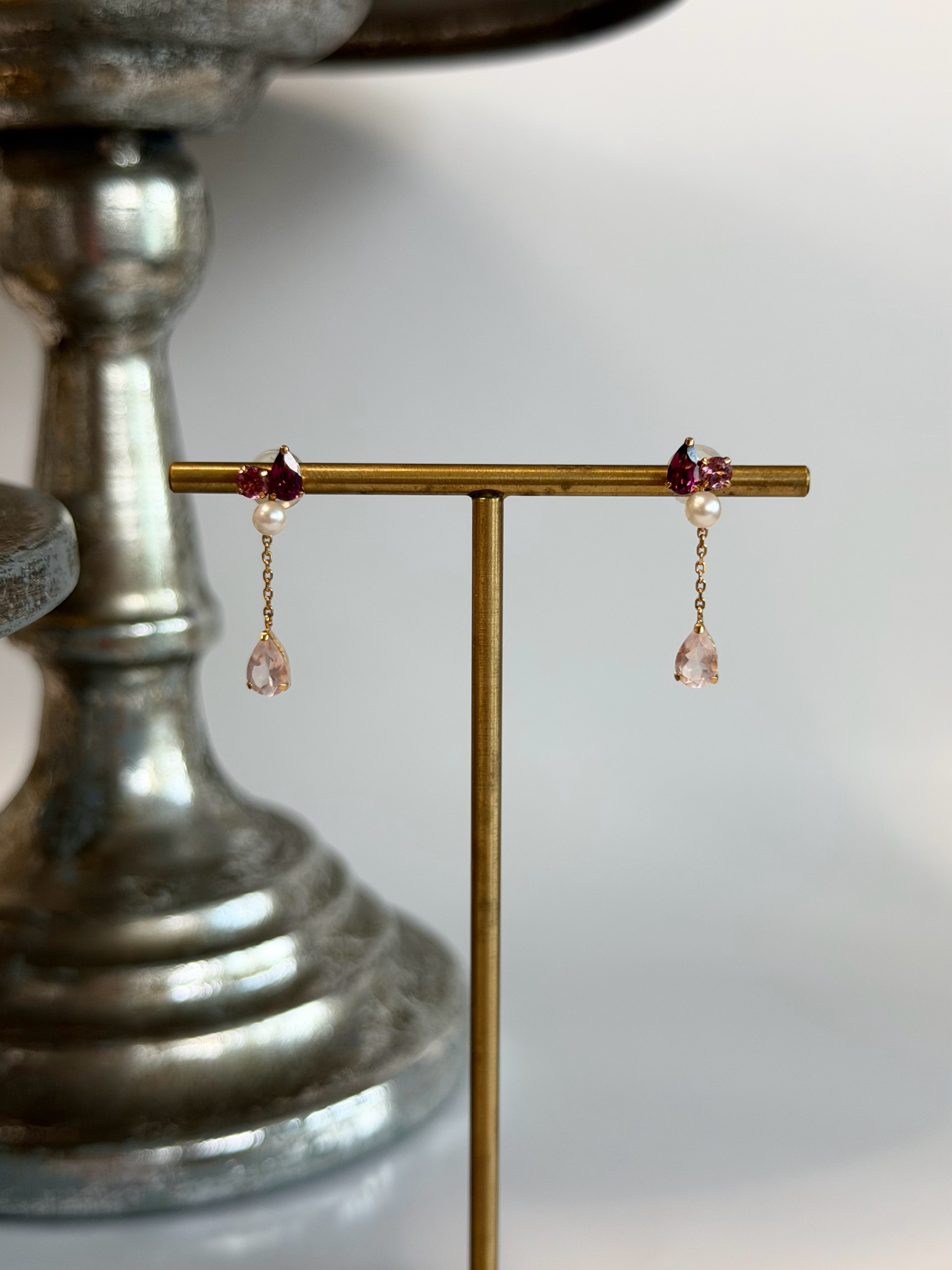 K18YG 　ローズクォーツ　ピンクトルマリン　ロードライトガーネット　アコヤ真珠　華奢　シンプル