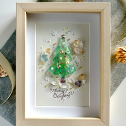 天使の集うクリスマスツリー　シーグラスアート／天然石／フレーム クリスマスツリー7 シーグラス／天然石／フレームアート／壁掛け／もみ