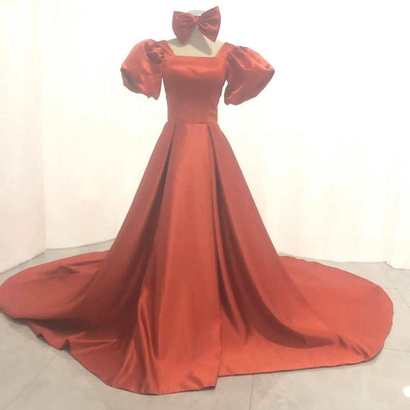 大好評中！テラコッタ色 カラードレス 編み上げ 華やかなトレーン プリンセスライン /結婚式披露