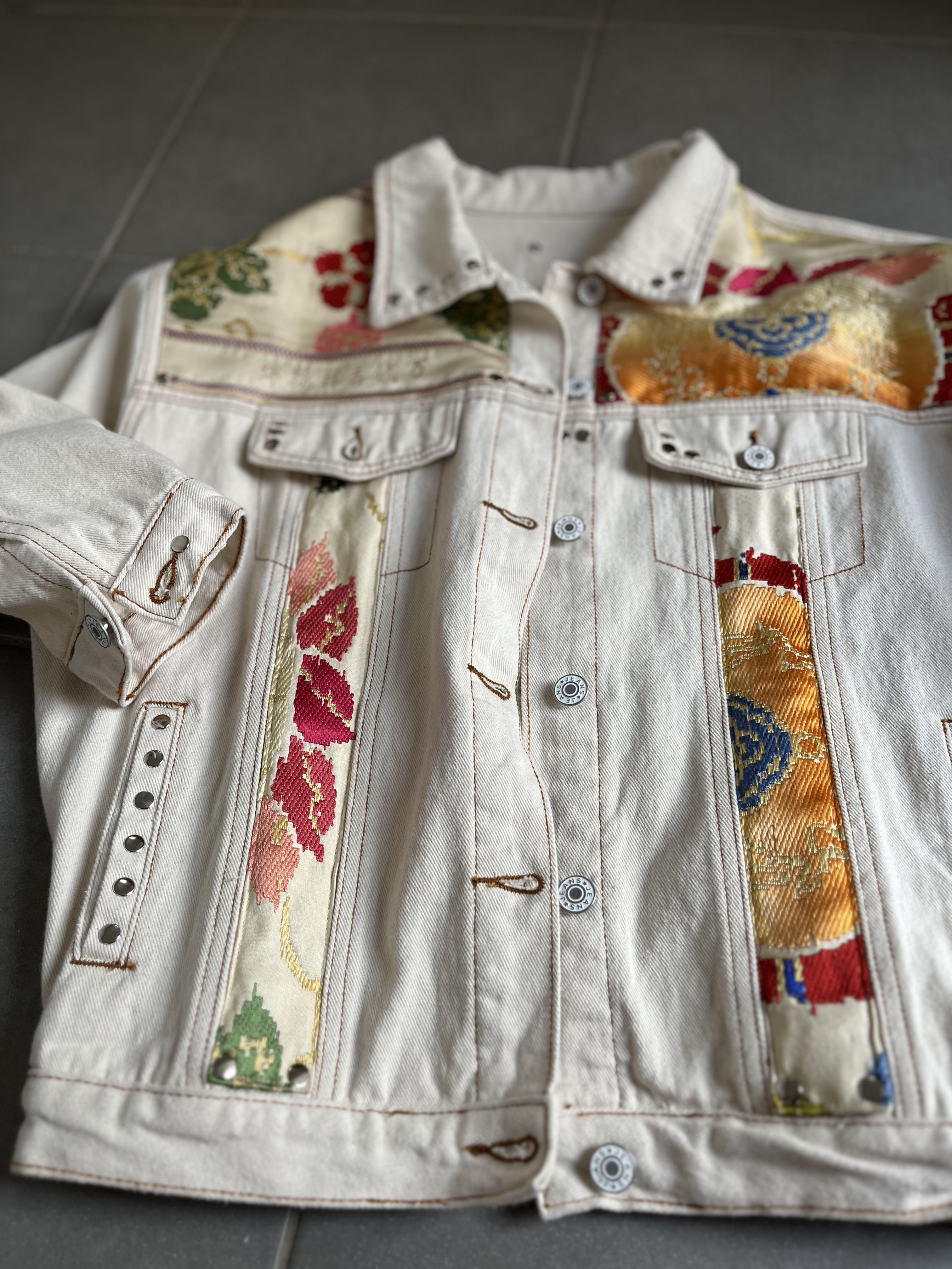 中有JK   帯デニムJK  帯パッチワークデニムJK  着物リメイク　帯リメイクJK