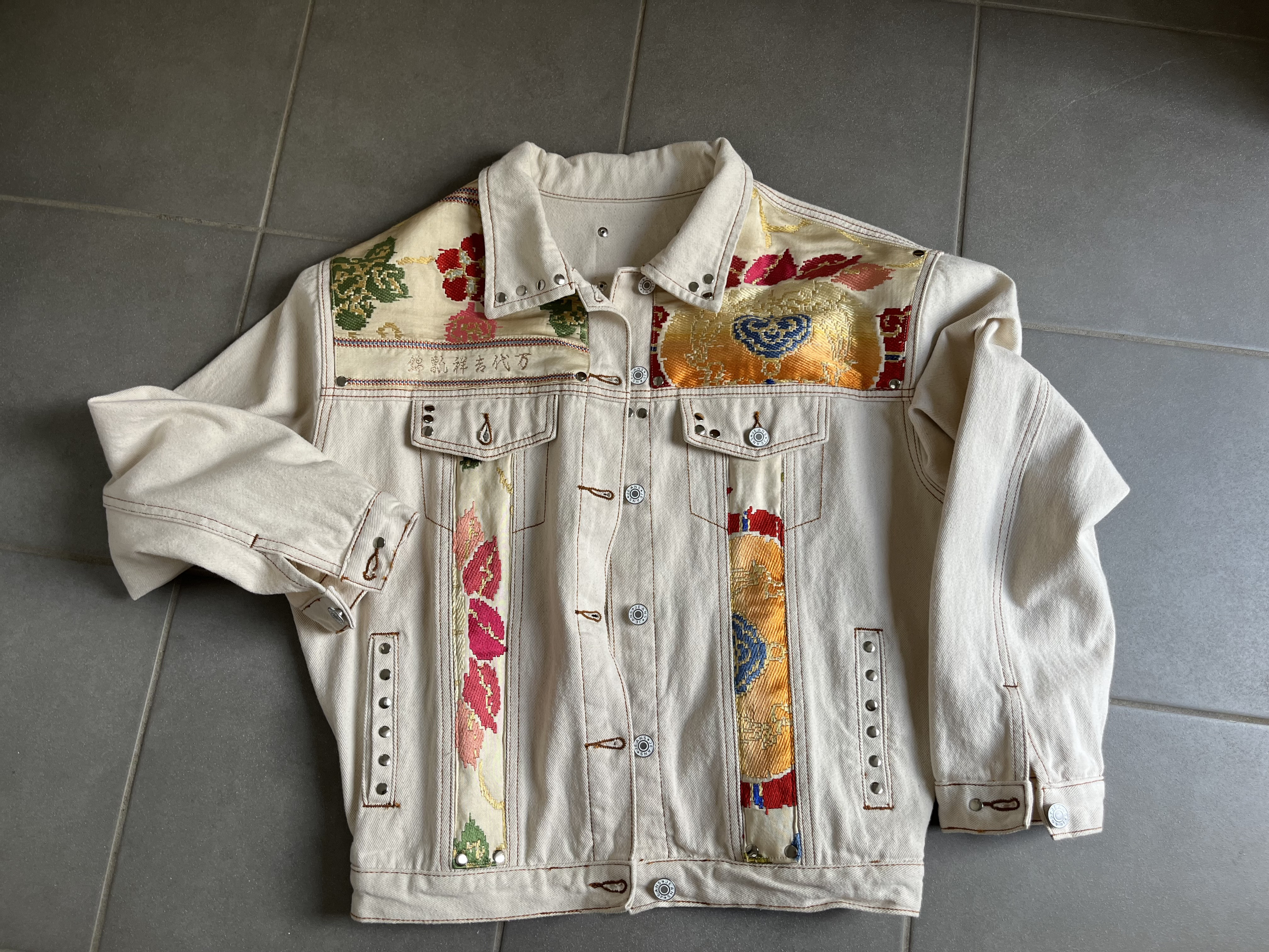 中有JK   帯デニムJK  帯パッチワークデニムJK  着物リメイク　帯リメイクJK