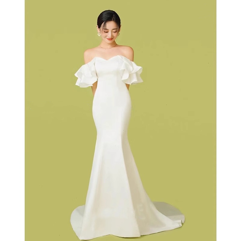 高級感 白 黒 オフショルダー ウェディングドレス シンプル 韓国風 花嫁 誕生日 成人式 前撮り HL665