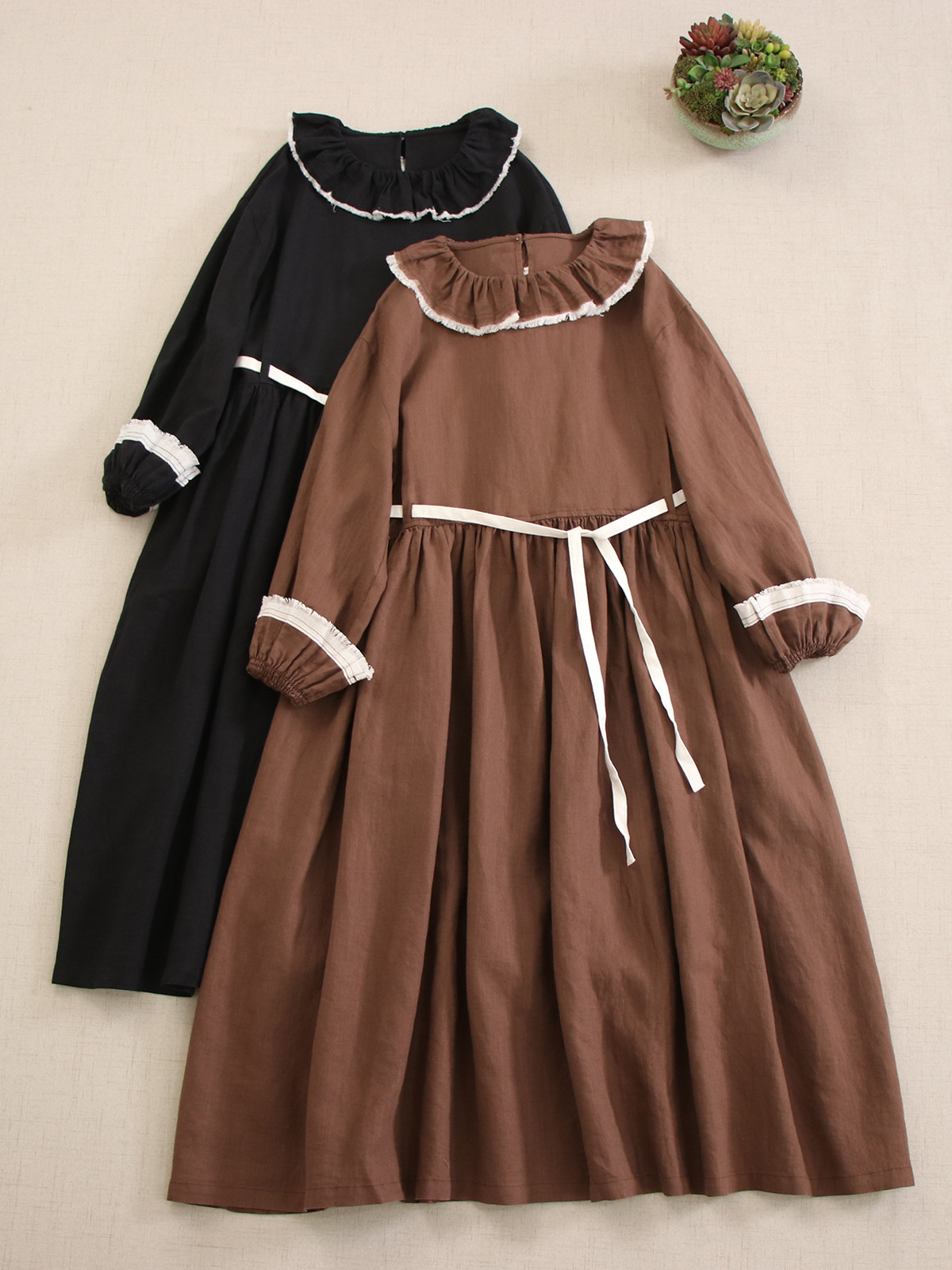 秋冬ニューモデル リネンロングスリーブワンピース フリンジベロアカラー プルオンウエスト絞りスリム効果 ミッドレングスド