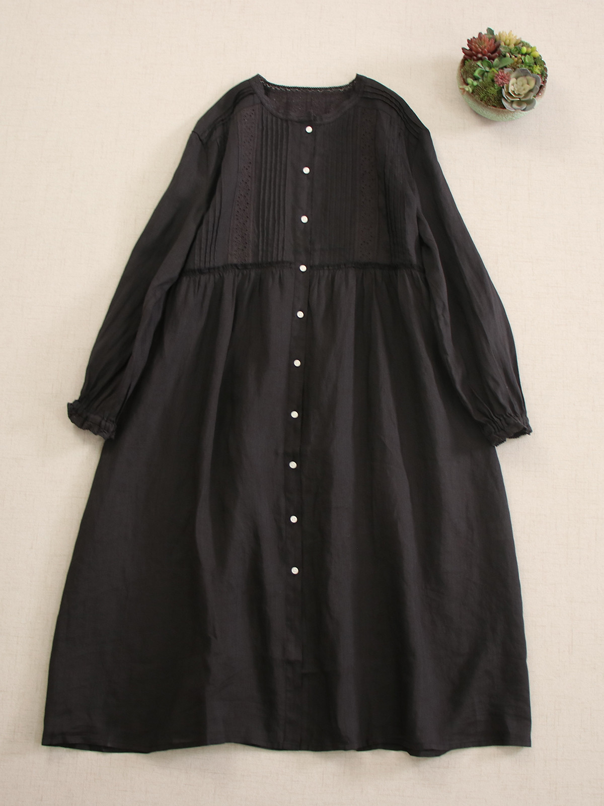 スイートリネン ロングスリーブワンピース ルーズフィット 万能搭配 ソリッドカラー 薄手透け スリム効果 カーディガン付