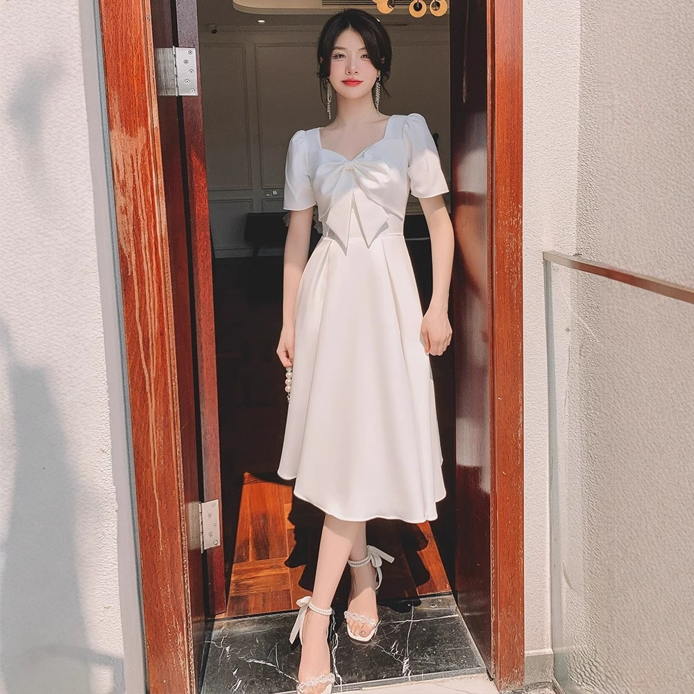 高級感 白 半袖 七分袖 リボン パーティードレス シンプル 花嫁 誕生日 成人式 前撮り HL673