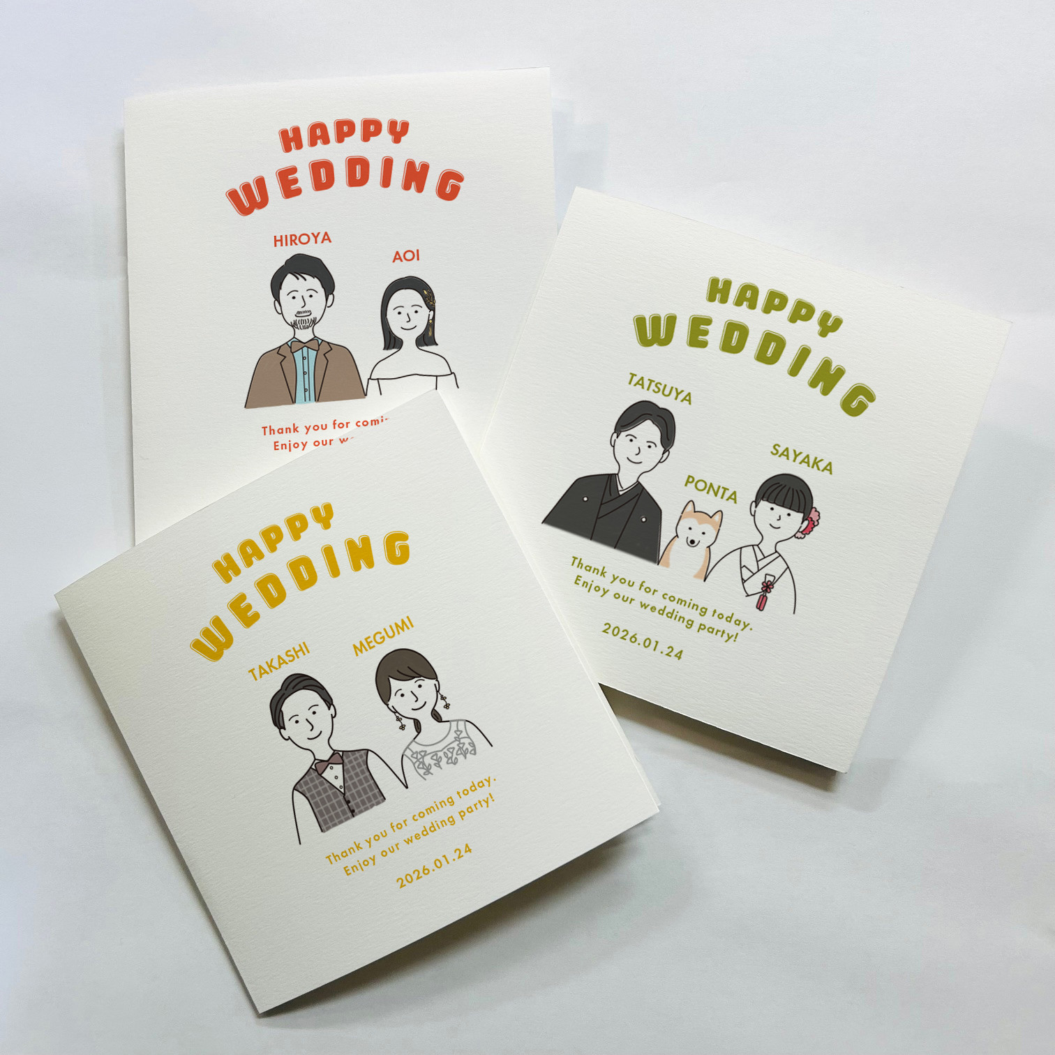 三つ折り｜プロフィールブックGroom&Bride 似顔絵イラスト｜席次表｜スクエア型｜選べるカラー｜結婚式