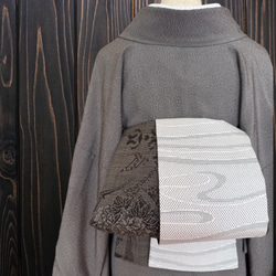 結城紬お召草花藍色と焦茶の紬でお作りしました大人の兵児帯・袋帯です