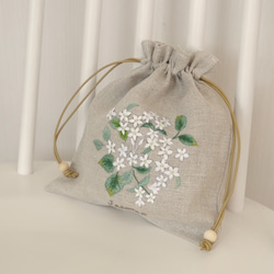 手刺繍】巾着袋 フランス刺繍 ジャスミン 巾着袋 フランス刺繍屋さん