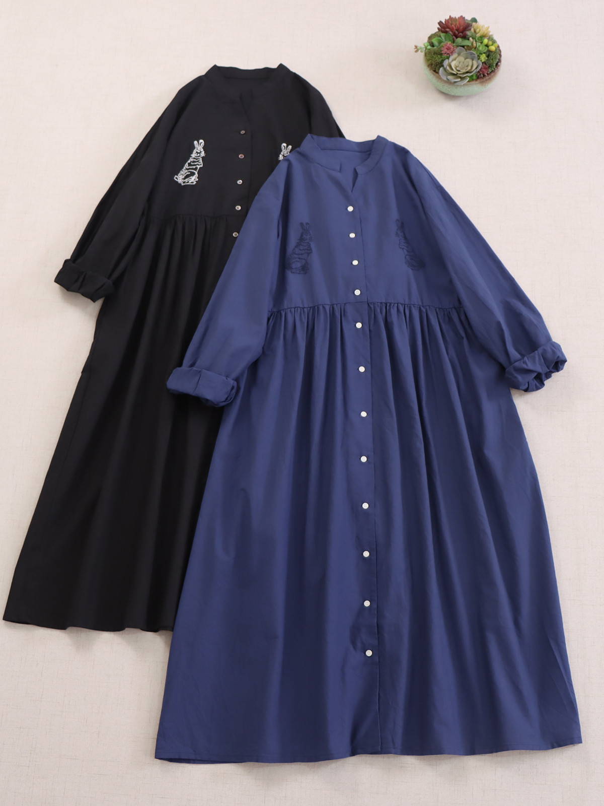 秋冬ニューモデル ウサギ刺繍 ソリッドカラー ロングスリーブワンピース ルーズフィット 万能搭配 V ネック シングルボ