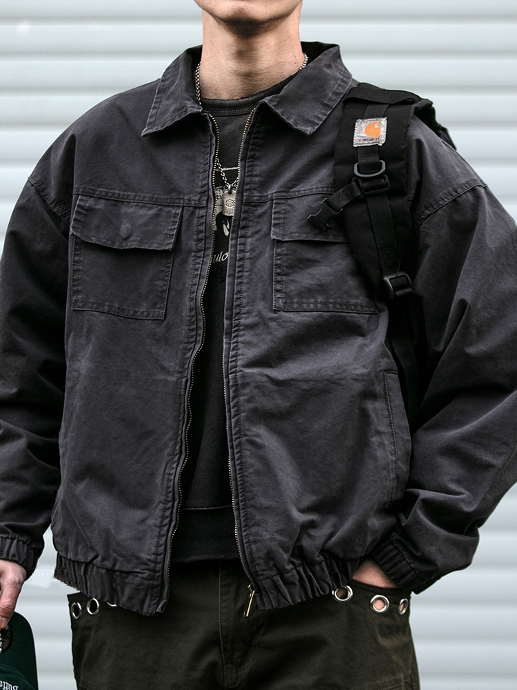レトロな水洗いカーゴスーツハリントンタートルジャケット男性春秋カジュアルカジュアル多ポケットショートコート