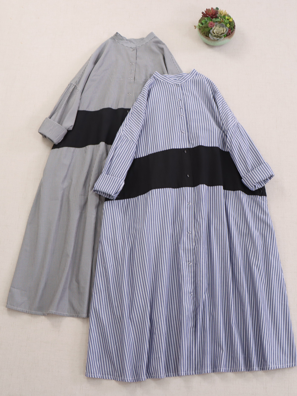 個性的デザイン 縦縞 & カラーブロック パッチワーク ロングスリーブワンピース ルーズフィット 万能搭配 ボタン開閉