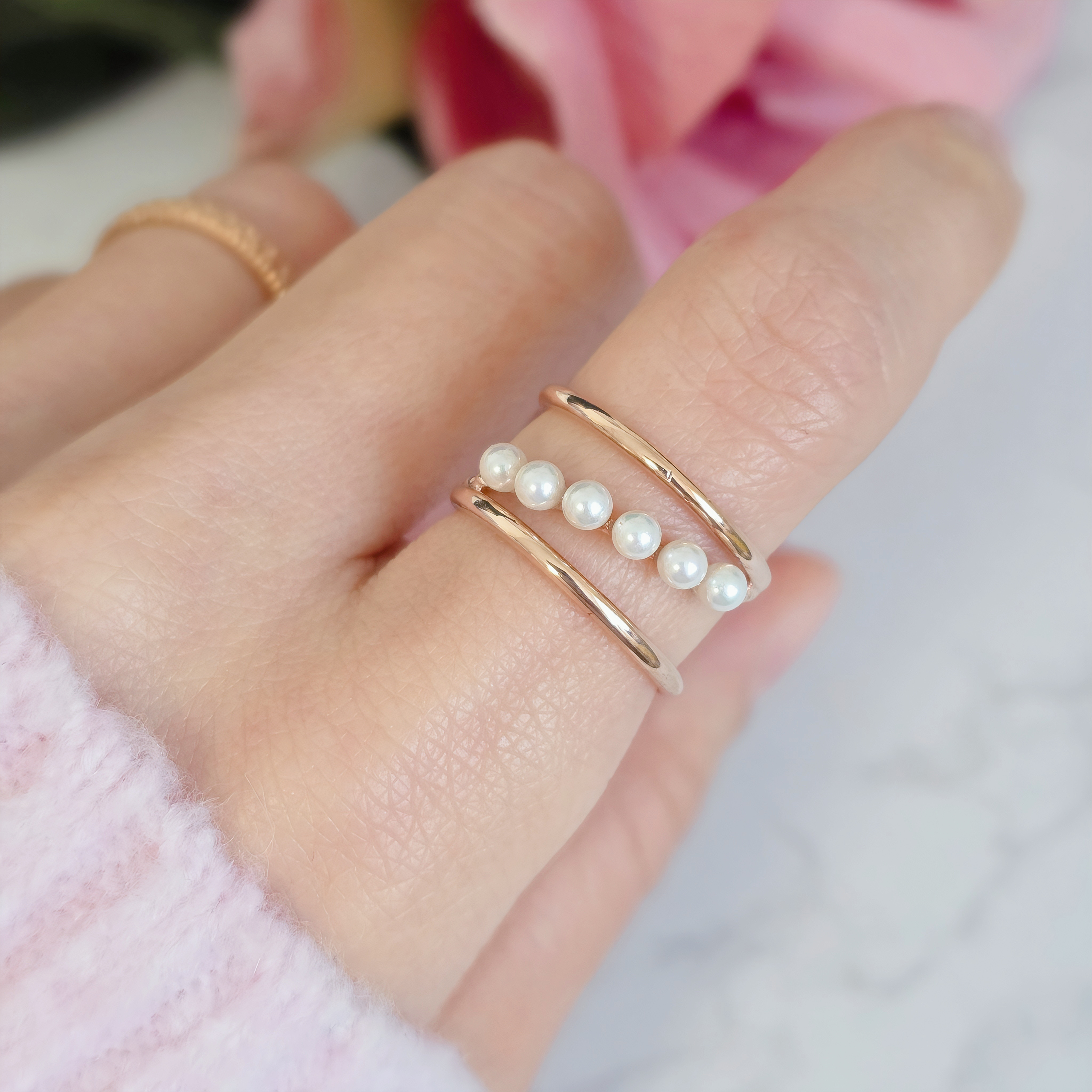 3連レイヤード リング　パール ポイント　シルバーリング　H-285