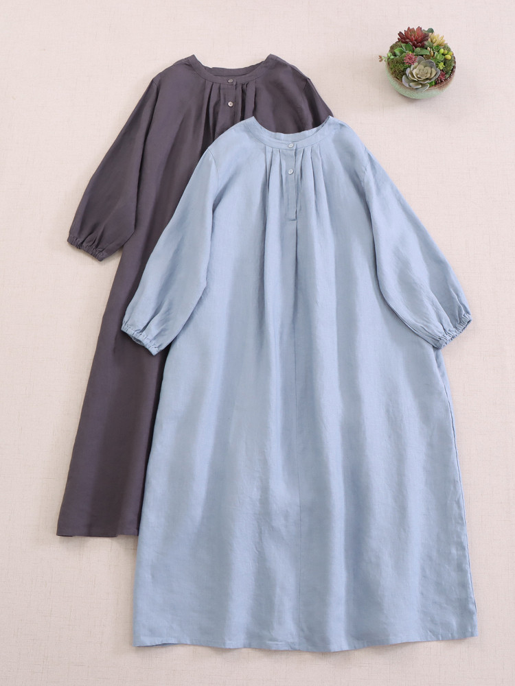 ウォッシュド 100% リネン 七分袖ワンピース ルーズフィット 万能搭配 前後両面着用 ローブドレス