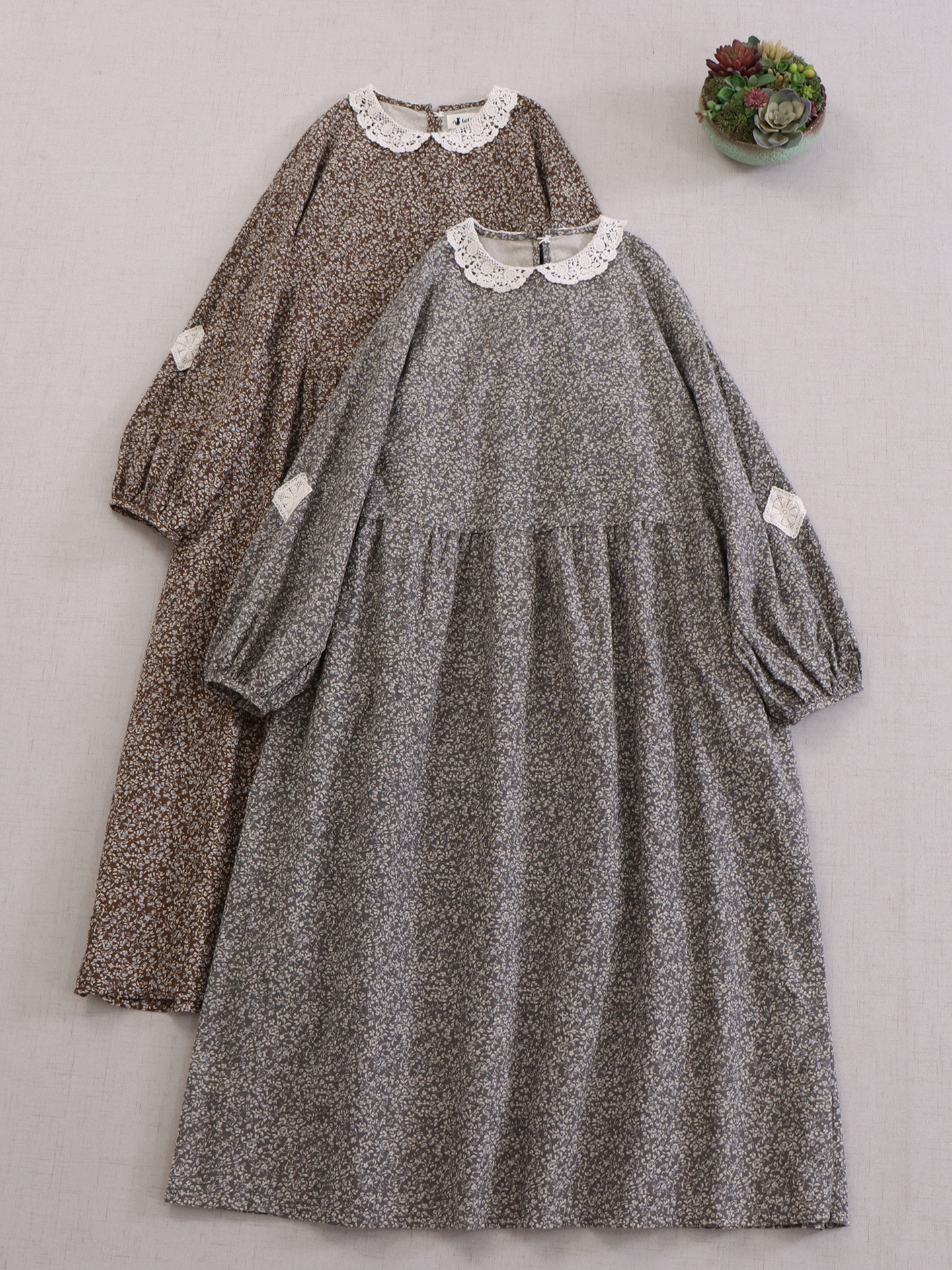 スイートモード モリガール風 若返り効果 レースクロシェベビーカラー ロングスリーブワンピース ルーズフィット 万能搭配