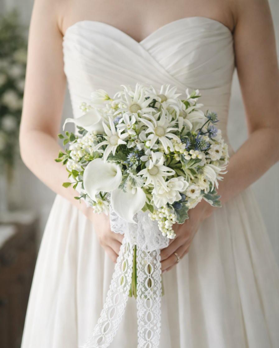 ナチュラル　ラウンドブーケ　フランネルフラワー　ウェディングブーケ＆ブートニアー【造花】アーティフィシャルフラワー