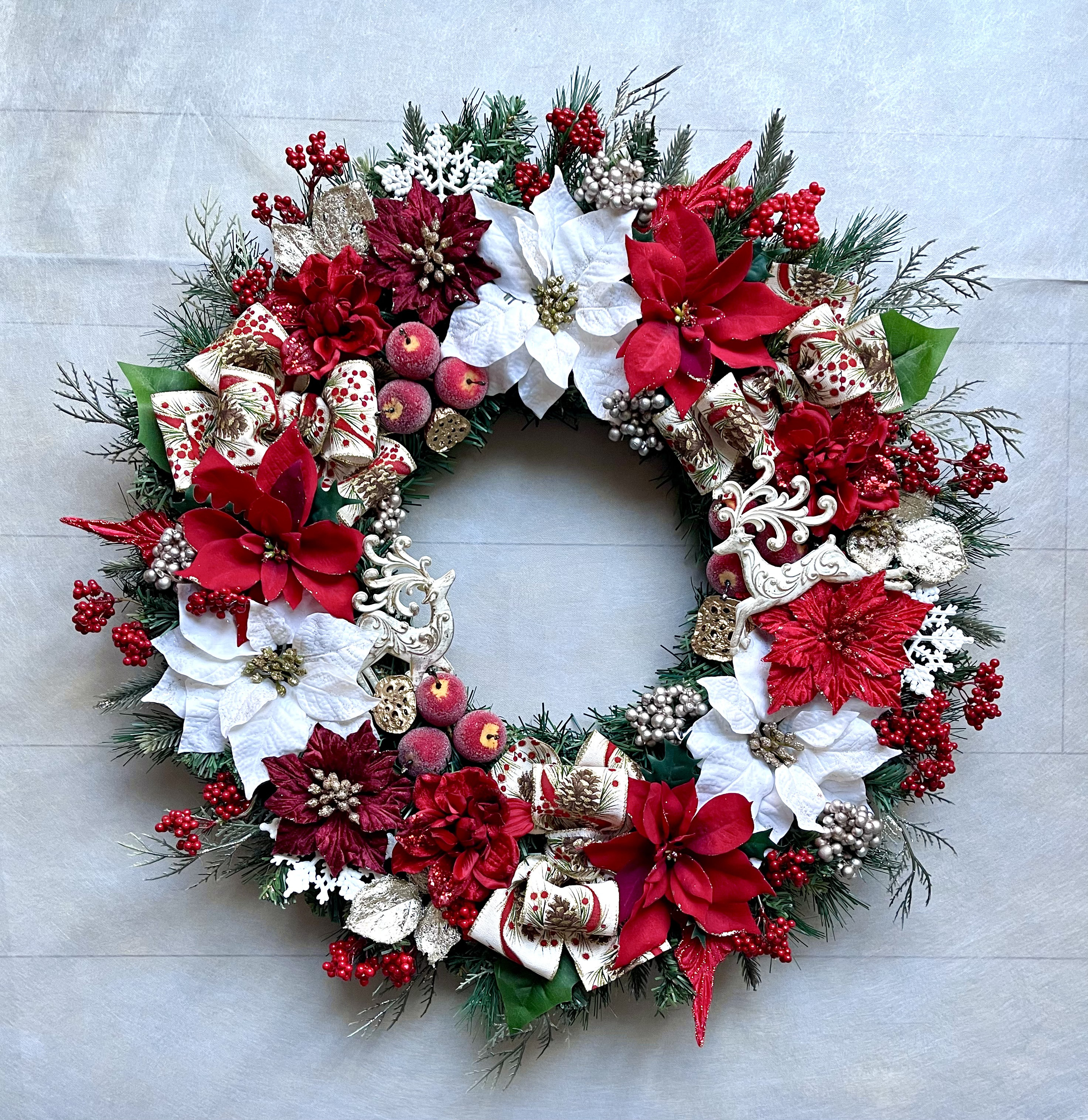 No.xmas-14488/大型クリスマスリース25-(4)レッド&ホワイト　64cmアーティフィシャルフラワー造花