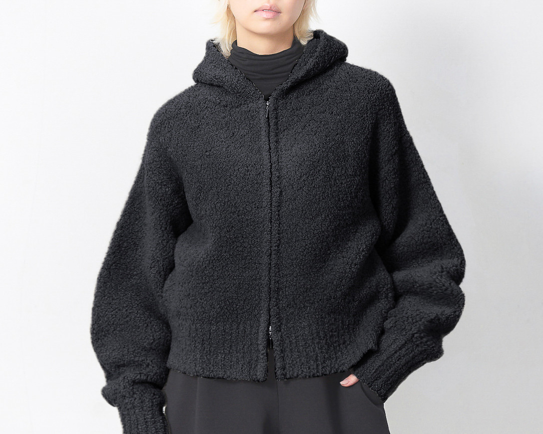 【上質な暖かウール】ボア風もこもこニットアウター/ブラック/羊さんを抱きしめているような優しい温もり/大人の上質ニット
