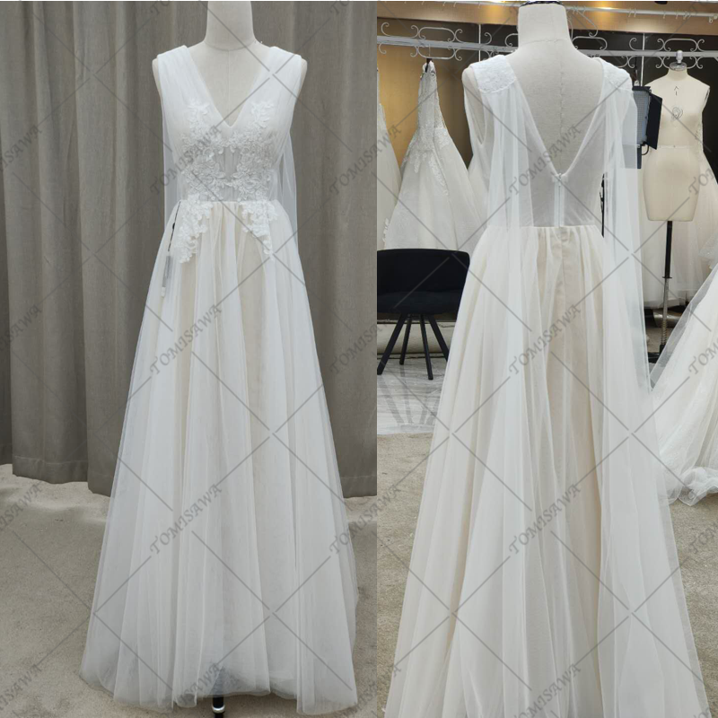 シンプル 上品 ウェディングドレス 二次会 結婚式 旅行撮影ドレス F056