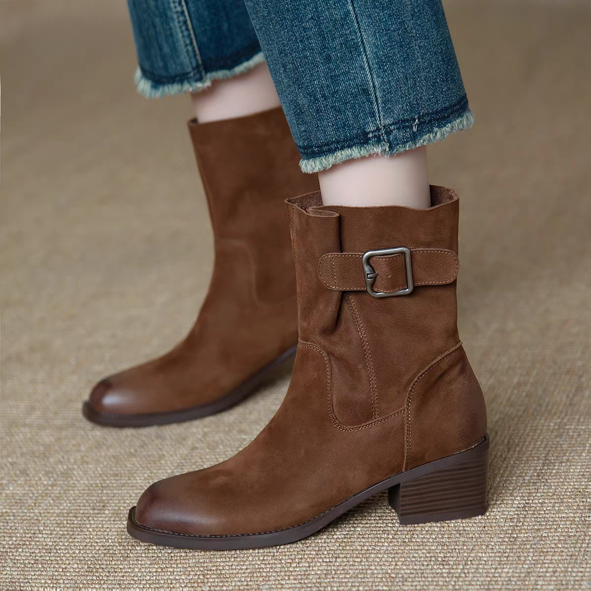 くしゅくしゅミドルブーツ。柔らかいレザーで履きやすい。ロングブーツ レディース 折り返し ローヒール 軽量 軽い 本革