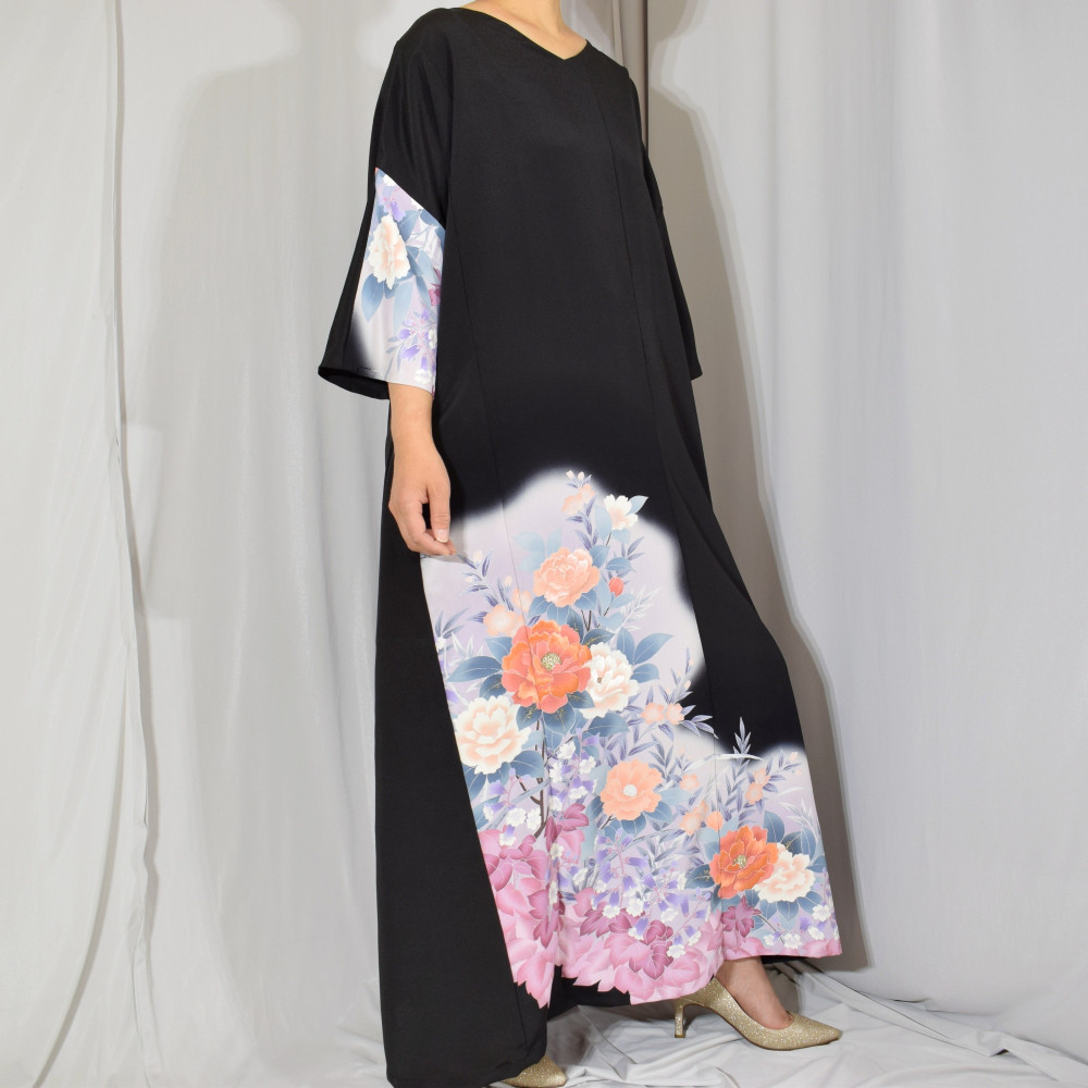 XL,上品ワンピース, 黒留袖リメイク,ワンピース,上品な和モダンドレス,フォーマル【着物リメイク】