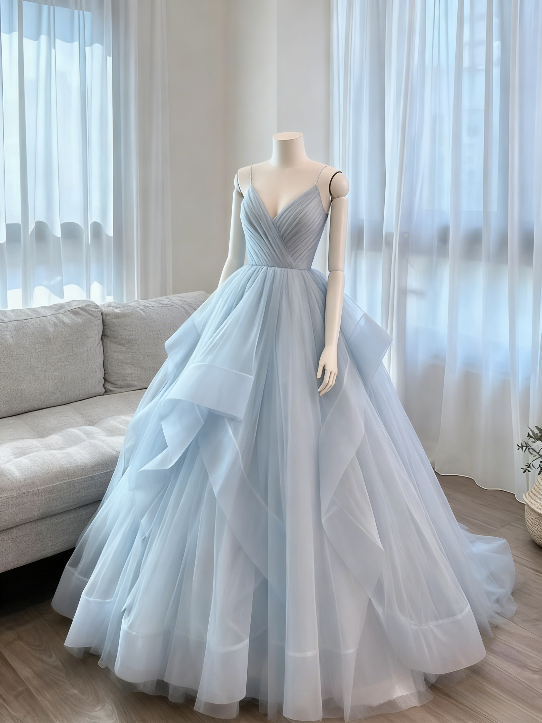 カラードレス ライトブルー キャミソール Vネック ラッフルフリル フリルドレス プリンセスライン 花嫁