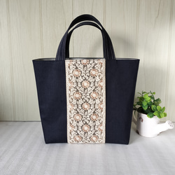 デニムトートバッグ インド刺繍リボンがお洒落 きちん感のある布バッグ