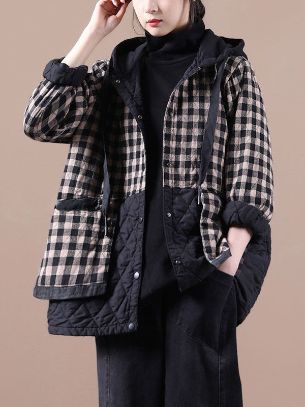 レディース 中綿ジャケット チェック柄切替 厚手 ゆったり アウター 防寒
