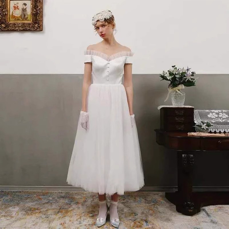 高級感 白 黒 オフショルダー ウェディングドレス シンプル 韓国風 花嫁 誕生日 成人式 前撮り HL684