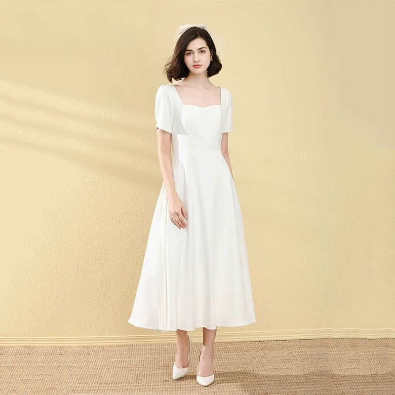 高級感 白 黒 パフスリーブ パーティードレス シンプル 優雅 演奏会 誕生日 成人式 前撮り HL685