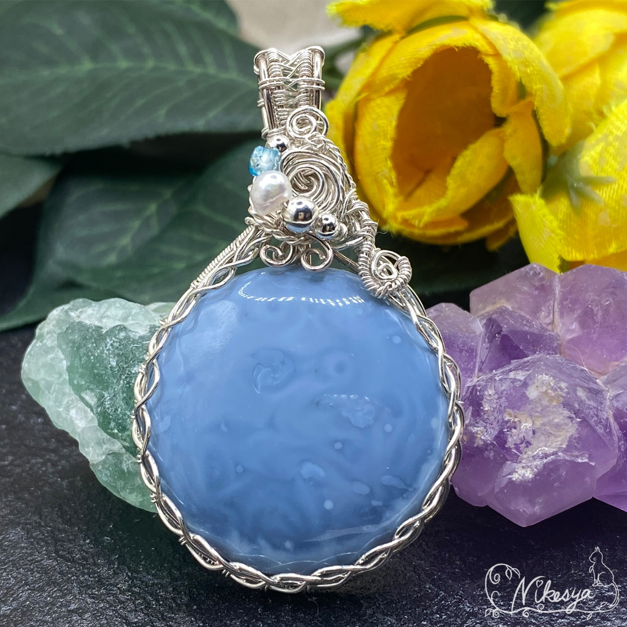 【Silver925】ブルーオパールのペンダントトップ【ワイヤーアクセサリー】金属アレルギー対応【１点物】【送料無料】