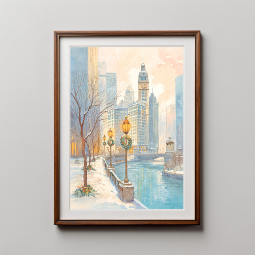 シカゴ・リバーウォークの冬の朝 インテリアポスター 水彩アート 風景